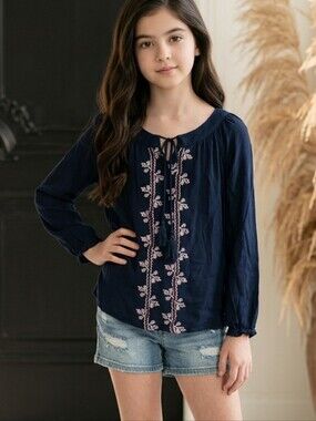 Tantrums Navy Blue Crochet Crepe Tunic Girls Large Tassel Top V-neck 3/4 sleeve